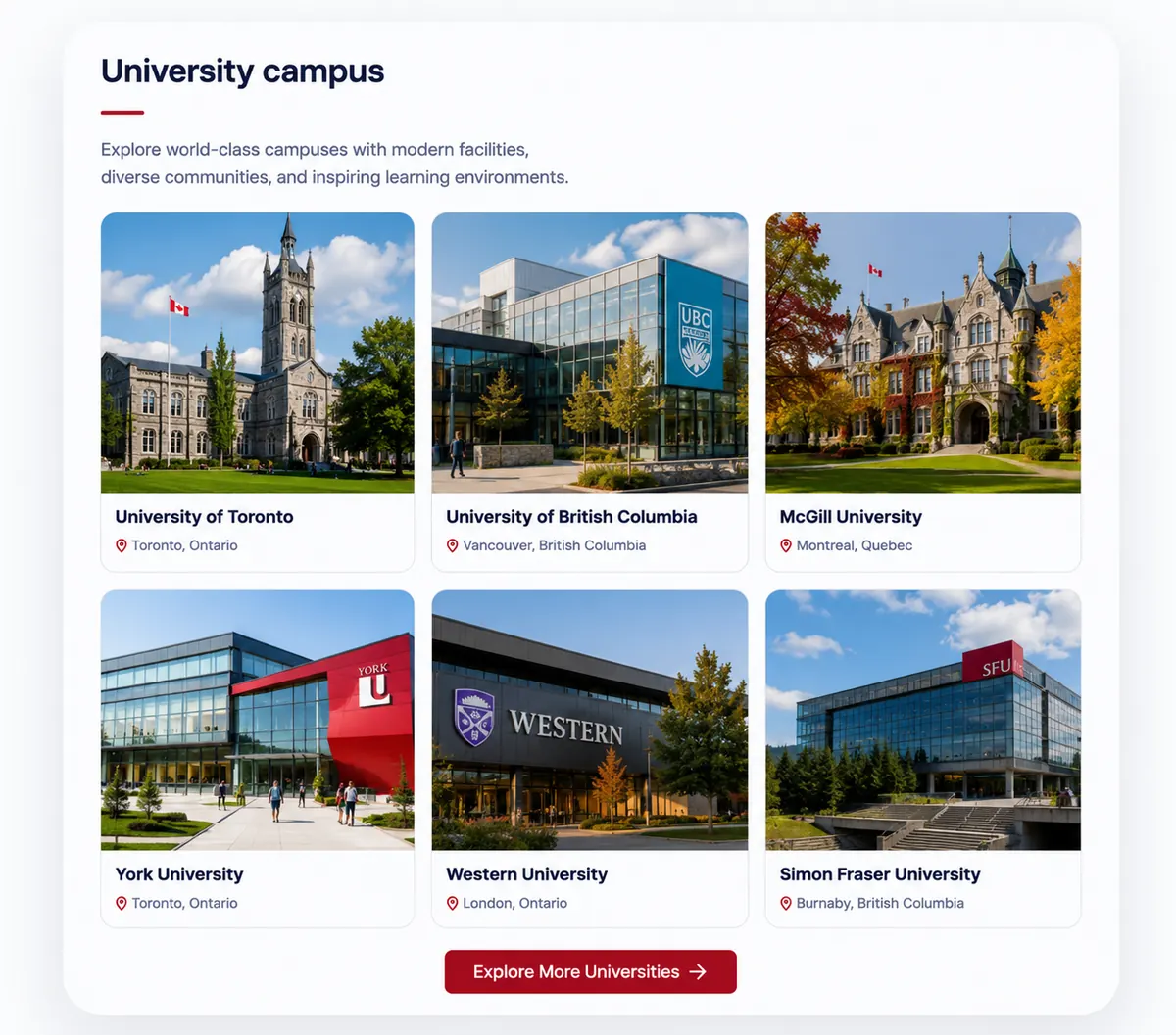 Canadian university campuses including Toronto, British Columbia, McGill, York, Western and Simon Fraser